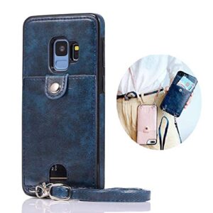 jaorty pu leather wallet case for samsung galaxy s9 plus necklace lanyard case cover with card holder adjustable detachable anti-lost neck strap case for samsung galaxy s9 plus,blue