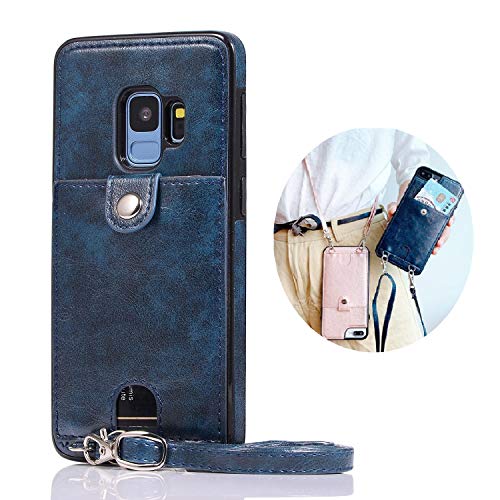 Jaorty PU Leather Wallet Case for Samsung Galaxy S9 Plus Necklace Lanyard Case Cover with Card Holder Adjustable Detachable Anti-Lost Neck Strap Case for Samsung Galaxy S9 Plus,Blue