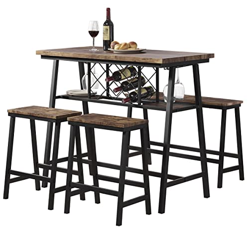 O&K FURNITURE Counter Height Dining Room Table Set for 4, Bar Table with One Bench and Two Stools, Industrial Table with Wine Rack for Kitchen Counter, Small Space Table and Chairs Set, Rustic Brown