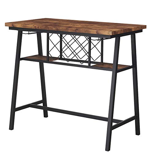 O&K FURNITURE Counter Height Dining Room Table Set for 4, Bar Table with One Bench and Two Stools, Industrial Table with Wine Rack for Kitchen Counter, Small Space Table and Chairs Set, Rustic Brown