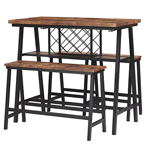 O&K FURNITURE Counter Height Dining Room Table Set for 4, Bar Table with One Bench and Two Stools, Industrial Table with Wine Rack for Kitchen Counter, Small Space Table and Chairs Set, Rustic Brown