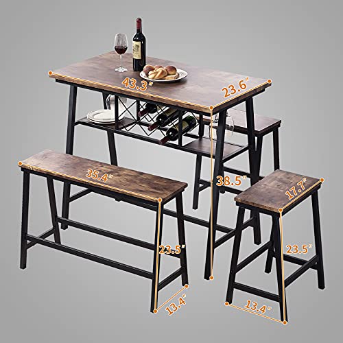 O&K FURNITURE Counter Height Dining Room Table Set for 4, Bar Table with One Bench and Two Stools, Industrial Table with Wine Rack for Kitchen Counter, Small Space Table and Chairs Set, Rustic Brown