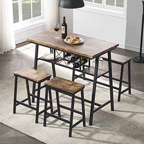 O&K FURNITURE Counter Height Dining Room Table Set for 4, Bar Table with One Bench and Two Stools, Industrial Table with Wine Rack for Kitchen Counter, Small Space Table and Chairs Set, Rustic Brown