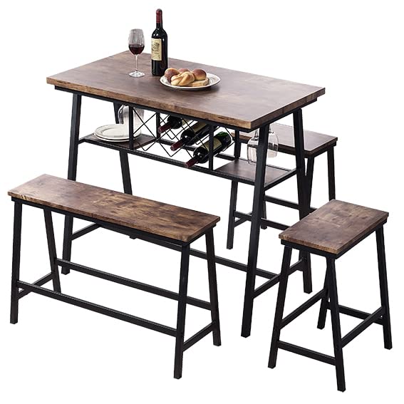 O&K FURNITURE Counter Height Dining Room Table Set for 4, Bar Table with One Bench and Two Stools, Industrial Table with Wine Rack for Kitchen Counter, Small Space Table and Chairs Set, Rustic Brown