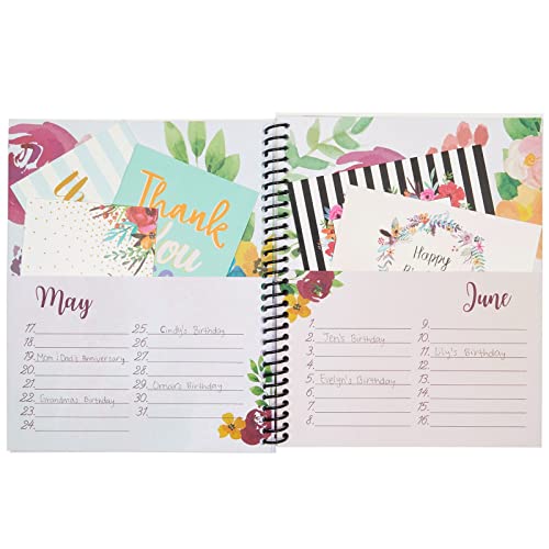 Floral Month By Month Greeting Card Organizer Book with 24 Pockets, Card Keeper Holder Storage for Birthdays, Weddings, Milestones, Graduation Parties, and Holidays, Spiral Bound (10x8.5 in)