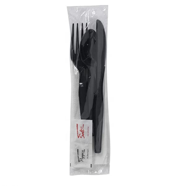 250 Plastic Cutlery Packets - Knife Fork Spoon Napkin Salt Pepper Sets | Black Plastic Silverware Sets Individually Wrapped Cutlery Kits, Bulk Plastic Utensil Cutlery Set Disposable To Go Silverware