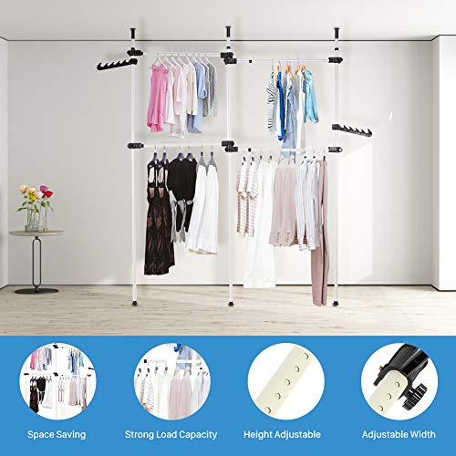 Liusin Adjustable Garment Rack, Freestanding Clothing Hanger 3 Vertical Poles 4 Bars Wardrobe Closet Clothes Hanging Rod Organizer System Heavy Duty DIY Coat Hanger No Drilling for Home Bedroom