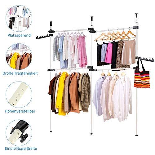 Liusin Adjustable Garment Rack, Freestanding Clothing Hanger 3 Vertical Poles 4 Bars Wardrobe Closet Clothes Hanging Rod Organizer System Heavy Duty DIY Coat Hanger No Drilling for Home Bedroom