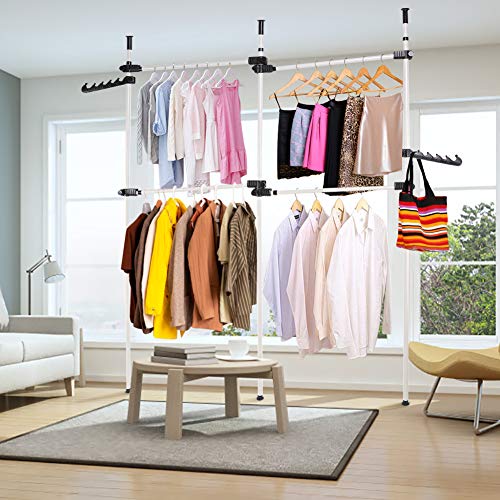 Liusin Adjustable Garment Rack, Freestanding Clothing Hanger 3 Vertical Poles 4 Bars Wardrobe Closet Clothes Hanging Rod Organizer System Heavy Duty DIY Coat Hanger No Drilling for Home Bedroom