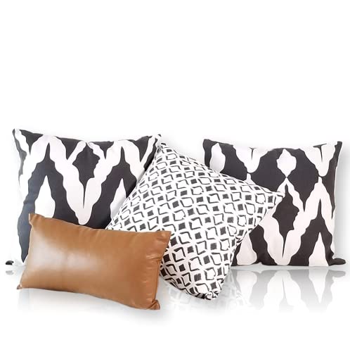 Throw Pillow Covers 18x18. Black and White Geometric Decorative Boho Throw Pillows Set of 4, For A Modern Living-Room Chic Accent. 100% Cotton & Faux Leather Lumbar Pillow For Couch or Bed…