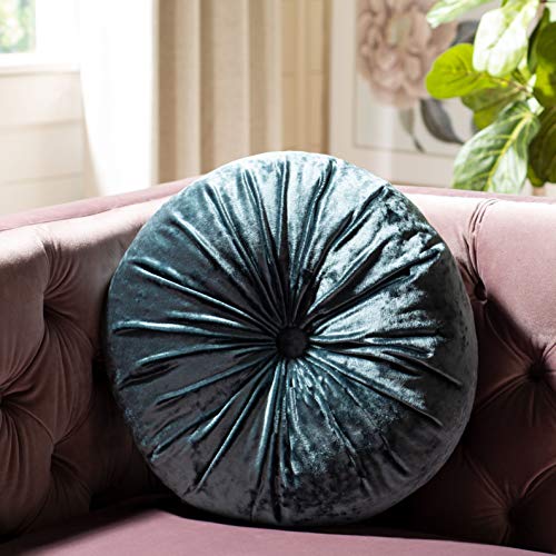 Safavieh Home Caramia Smoke Blue Round Button Tufted Decorative Pillow Pillow, 16"x16"