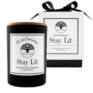stay lit - citrus & champagne scent, natural soy wax candle, funny witty gift box for women girlfriend men, luxury long lasting, aromatherapy, gag, joke, hostess, new home, house warming present, 9 oz