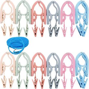 travel hangers with clips portable folding clothes hangers with 1 pcs clothesline 12 pcs with 24 pcs hanger clips for scarves suits trousers pants shirts socks underwear travel home foldable clothes