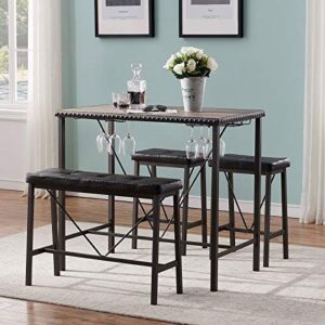 o&k furniture bar table and chairs set of 4, industrial dining table set with glass holder, kitchen table with upholstered bench and stools, counter height pub table set for small space(gray)