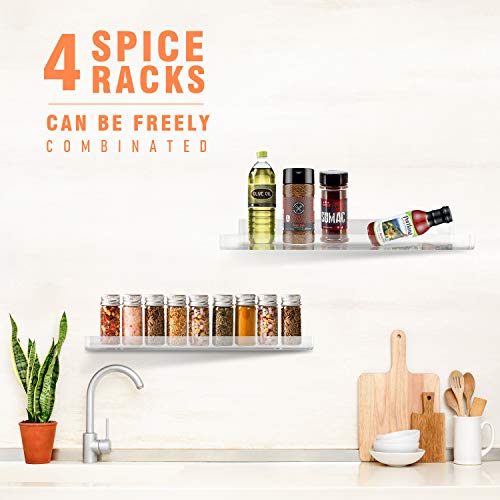 Urban Deco Acrylic Spice Rack Wall Mount, 15” Clear Spice Rack Organizer, Easy to Install Hanging Spice Rack Shelves for Cabinet Kitchen, Pantry Door(4 Pack)