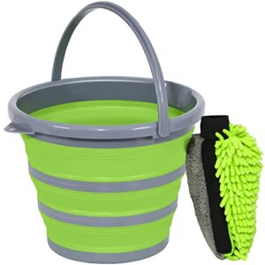 greatcool car wash collapsible bucket with 3-in-1 car wash mitt, coral velvet + weave + chenille microfiber glove sponge, 10l (2.6 gallon) portable folding basin pail for car household cleaning