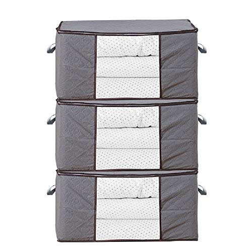 Breathable Clothing Blankets Storage Bag Organizer with Handle and Clear Window for Comforter Storage Bins Storage Bags Sweater Storage Clothes Storage Containers, 3pc Pack, Gray