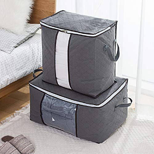 Breathable Clothing Blankets Storage Bag Organizer with Handle and Clear Window for Comforter Storage Bins Storage Bags Sweater Storage Clothes Storage Containers, 3pc Pack, Gray