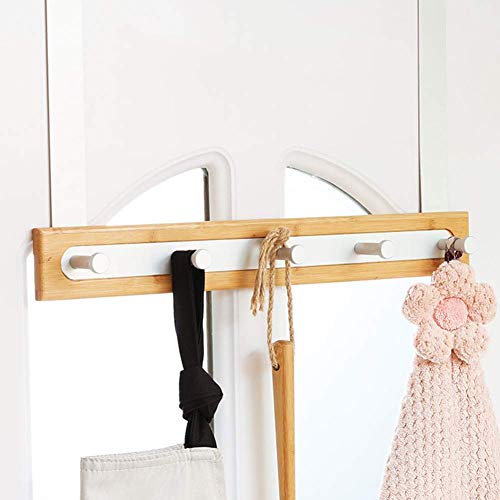 Over The Door 5 Hooks Hanger Bamboo Wooden Stainless Steel Towel Coat Bag Bath Hanging Rack (Silver)