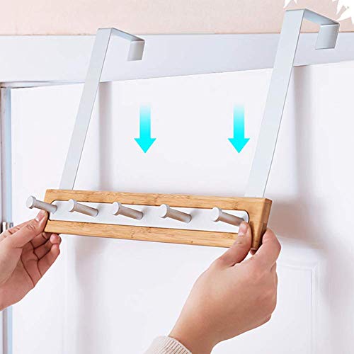 Over The Door 5 Hooks Hanger Bamboo Wooden Stainless Steel Towel Coat Bag Bath Hanging Rack (Silver)