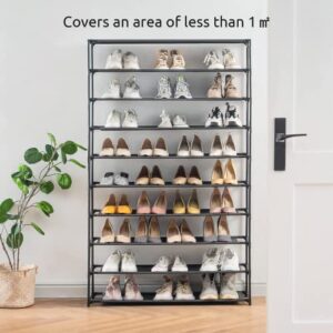 YOUDENOVA 10 Tiers Shoe Rack, 50 Pairs Large Shoe Rack Organizer, Space Saving Shoe Shelf, Non-Woven Fabric Shoe Storage Cabinet, Black