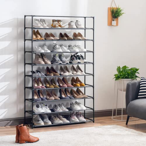 YOUDENOVA 10 Tiers Shoe Rack, 50 Pairs Large Shoe Rack Organizer, Space Saving Shoe Shelf, Non-Woven Fabric Shoe Storage Cabinet, Black