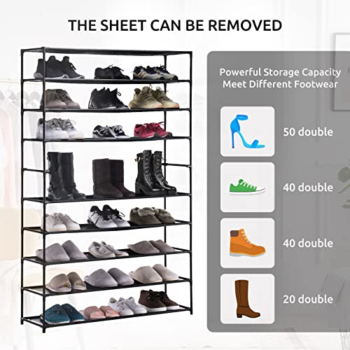 YOUDENOVA 10 Tiers Shoe Rack, 50 Pairs Large Shoe Rack Organizer, Space Saving Shoe Shelf, Non-Woven Fabric Shoe Storage Cabinet, Black