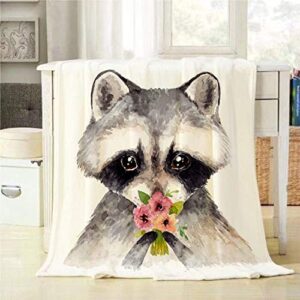 mugod raccoon throw blanket watercolor cute baby raccoon with flowers decorative soft warm cozy flannel plush throws blankets for baby toddler dog cat 30 x 40 inch