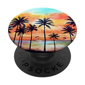 sunset beach watercolor scene tropical palm trees
