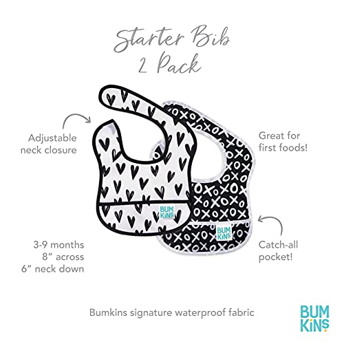 Bumkins Starter Bib, Baby Bib Infant, Waterproof Fabric, Fits Infants and Babies 3-9 Months â€“ Hearts & XOXO (2-Pack)