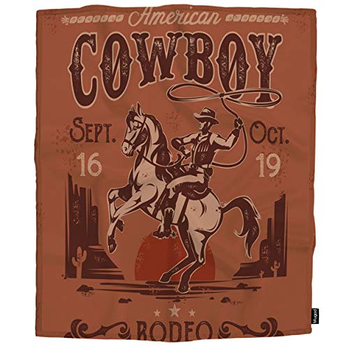 Mugod Cowboy Throw Blanket Rodeo Poster with a Cowboy Sitting on a Rearing Horse in Retro Style Decorative Soft Warm Cozy Flannel Plush Throws Blankets for Baby Toddler Dog Cat 30 X 40 Inch