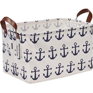 sea team large size canvas storage bin collapsible shelf basket toy organizer with nautical anchor pattern, 16.5 by 11.8 inches, navy blue