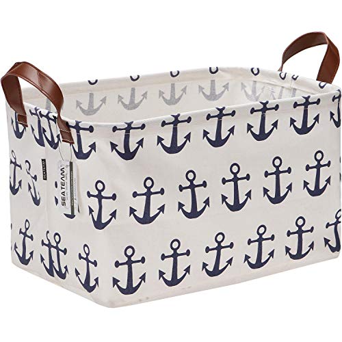 Sea Team Large Size Canvas Storage Bin Collapsible Shelf Basket Toy Organizer with Nautical Anchor Pattern, 16.5 by 11.8 inches, Navy Blue