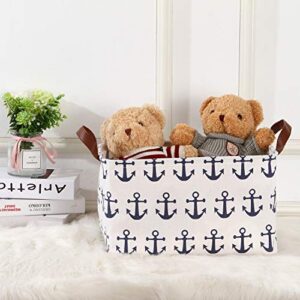 Sea Team Large Size Canvas Storage Bin Collapsible Shelf Basket Toy Organizer with Nautical Anchor Pattern, 16.5 by 11.8 inches, Navy Blue