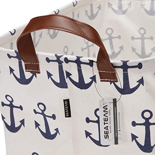 Sea Team Large Size Canvas Storage Bin Collapsible Shelf Basket Toy Organizer with Nautical Anchor Pattern, 16.5 by 11.8 inches, Navy Blue