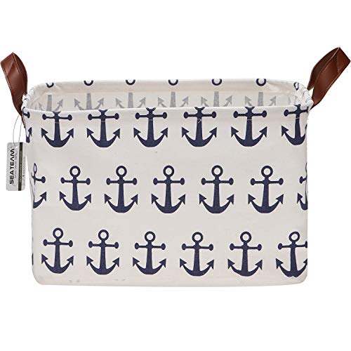 Sea Team Large Size Canvas Storage Bin Collapsible Shelf Basket Toy Organizer with Nautical Anchor Pattern, 16.5 by 11.8 inches, Navy Blue