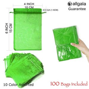 Allgala 100 Count Orangza Gift Party Favor Bags with Drawstring-4x6 Inch-Green-PF53107