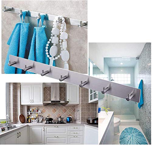 Self Adhesive Key Hooks and Hanger, Stainless Steel Heavy Duty Coat Hanging Shelf Robe Towel Hanger Rack for Bathroom, Kitchen, Wall Mounted (6 Hooks)