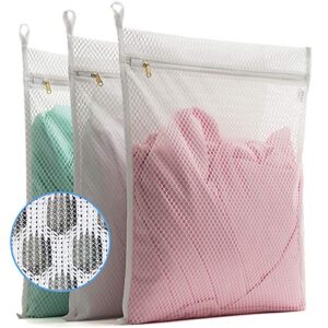 tenrai 3 pack (3 large) delicates honeycomb mesh laundry bags, socks fine mesh wash bag for underwear, lingerie, bra, boxer, use ykk zipper, have hanger loops (white)