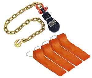 mytee products tow truck kit - (1) 2 ton 3" snatch block w/chain & (4) tire skates for tow truck safety orange - flatbed tow truck rollback wrecker car carrier cable