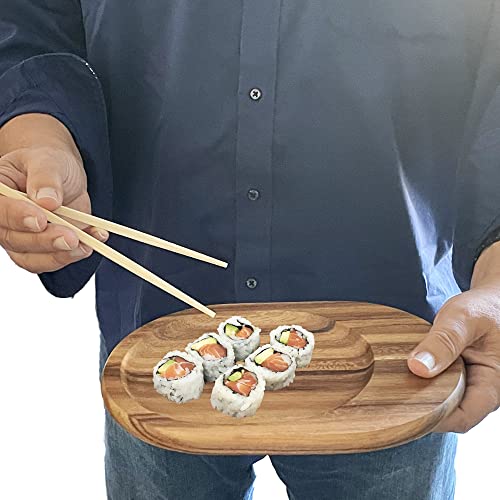 4 Acacia Wood Individual Oval Serving Trays, Perfect for Serving, Sushi, Cheese, Hors D'Oeuvre, Charcuterie, Sandwiches, by Woodard & Charles, 4 Piece Set, 10" x 7"