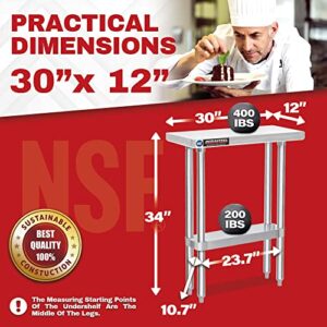 Food Prep Stainless Steel Table - DuraSteel 30 x 12 Inch Commercial Metal Workbench with w/Die Cast Corner Brackets - NSF Certified - For Restaurant, Warehouse, Home, Kitchen, Garage