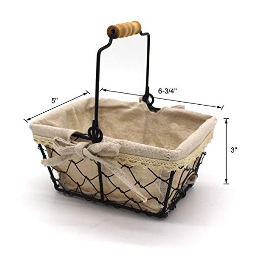 CVHOMEDECO. Primitives Country Chicken Wire Small Gift Baskets Gathering Baskets with Wooden Handle and Fabric Liner. Set of 2 (Rectangular)