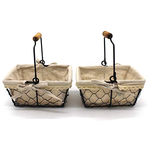 CVHOMEDECO. Primitives Country Chicken Wire Small Gift Baskets Gathering Baskets with Wooden Handle and Fabric Liner. Set of 2 (Rectangular)