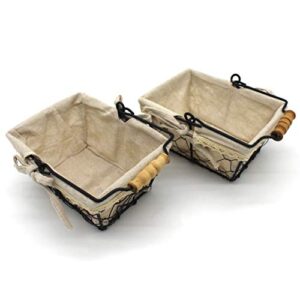 CVHOMEDECO. Primitives Country Chicken Wire Small Gift Baskets Gathering Baskets with Wooden Handle and Fabric Liner. Set of 2 (Rectangular)