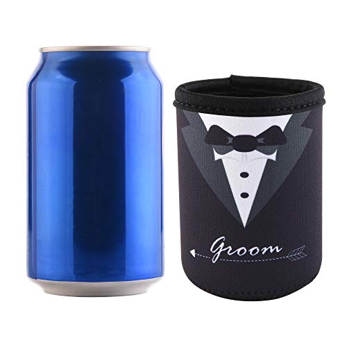 CM Groom and Groom's Crew Soft Neoprene Can Sleeves Covers for Regular Standard 12 Fluid Ounce Drink & Beer Cans for Wedding Party Groomsman Party Groomsman Gifts Bachelor Party, 11 Pcs