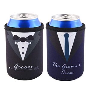 CM Groom and Groom's Crew Soft Neoprene Can Sleeves Covers for Regular Standard 12 Fluid Ounce Drink & Beer Cans for Wedding Party Groomsman Party Groomsman Gifts Bachelor Party, 11 Pcs