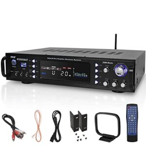 wireless bluetooth home stereo amplifier - hybrid multi-channel 3000 watt power amplifier home audio receiver system w/am/fm radio, mp3/usb,aux,rca karaoke mic in - rack mount, remote - p3301bat