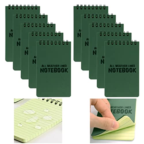 MOAMUN 10 Pack All Weather Shower Waterproof Notebook, Pocket Size Tactical Notepad Top Spiral Memo Notes Green Grid Paper Eye Protection for Outdoor Activities Recording (3.2 x 5.5 in)