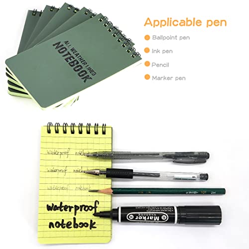 MOAMUN 10 Pack All Weather Shower Waterproof Notebook, Pocket Size Tactical Notepad Top Spiral Memo Notes Green Grid Paper Eye Protection for Outdoor Activities Recording (3.2 x 5.5 in)